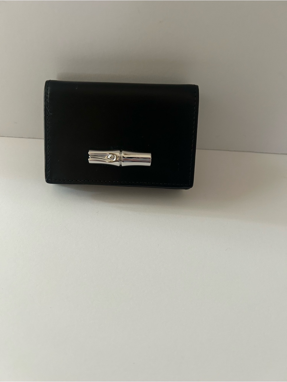 Longchamp Black Leather Wallet with Silver-Tone Bamboo Accent